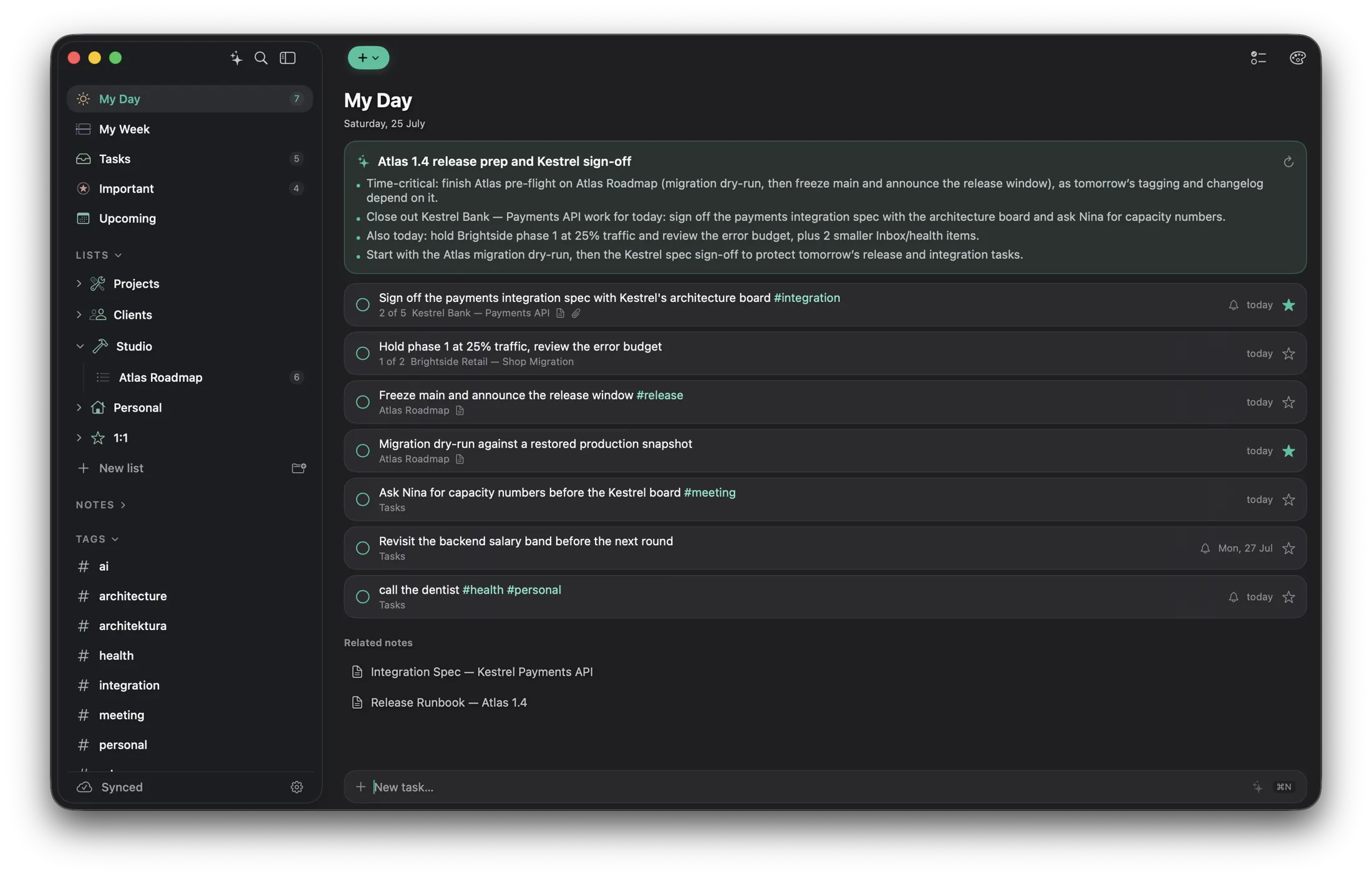 Ready My Day in dark mode with the calm default background