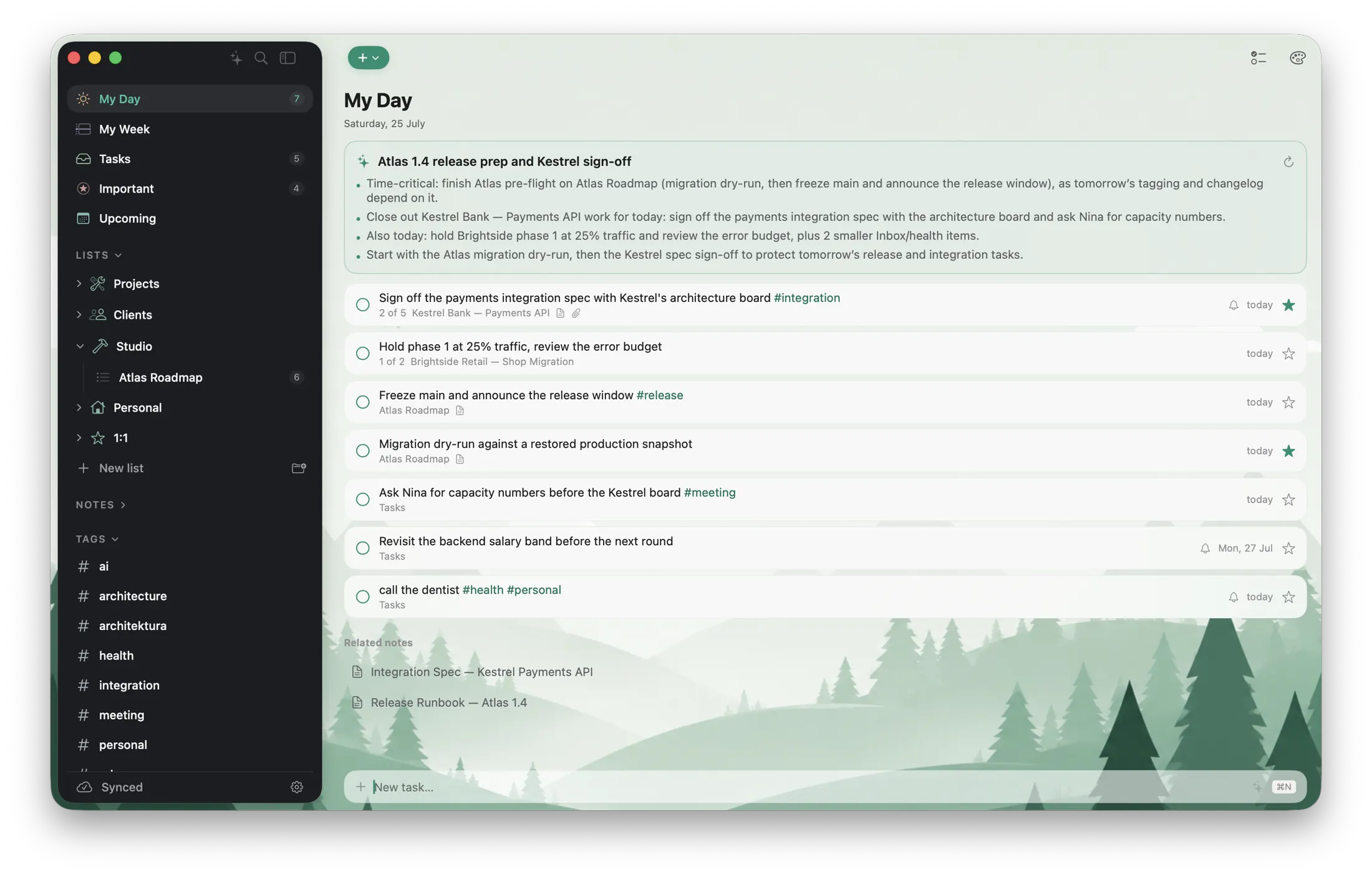 Ready My Day in light mode with a forest illustration across the whole workspace