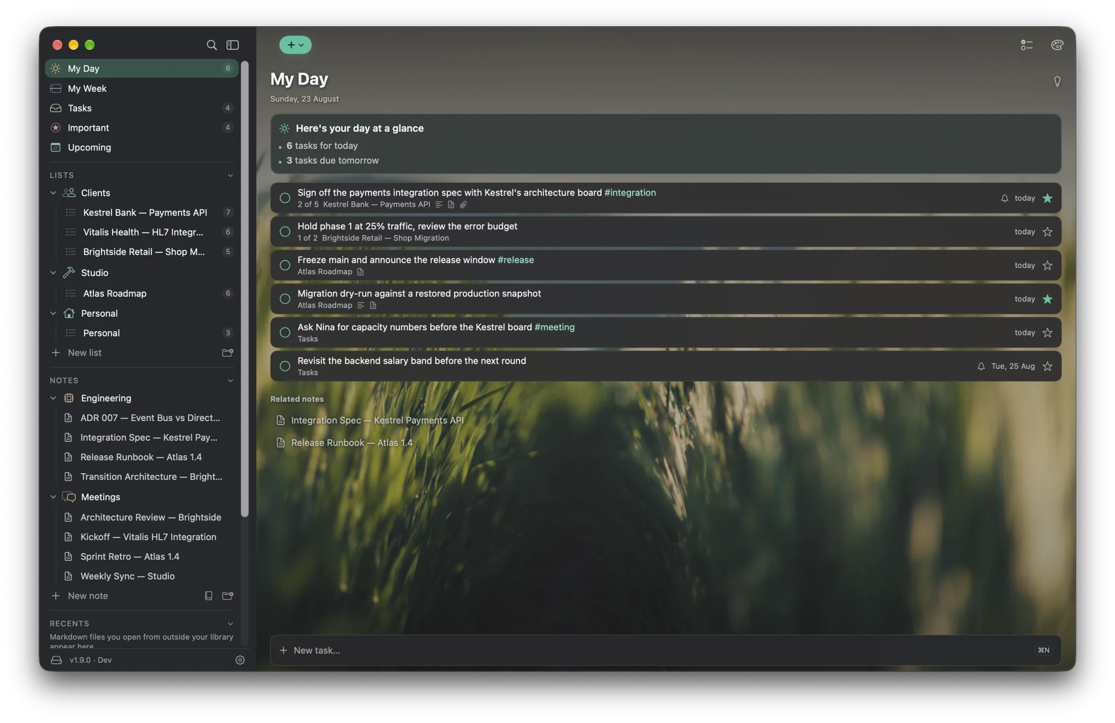 Ready My Day in dark mode with the user’s own photograph behind the whole workspace
