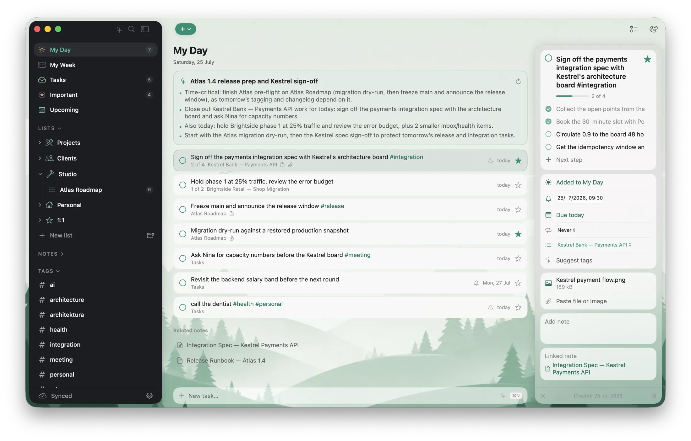 Ready My Day shifted behind the copy panel, keeping the complete floating task detail visible over a light forest background