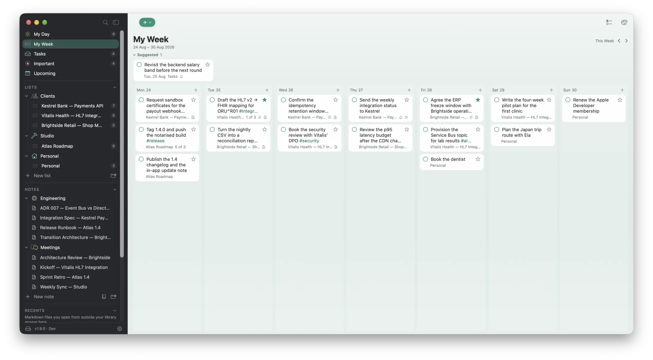 Ready My Week showing the week ahead as seven day columns, each holding its tasks, with suggested work above the board