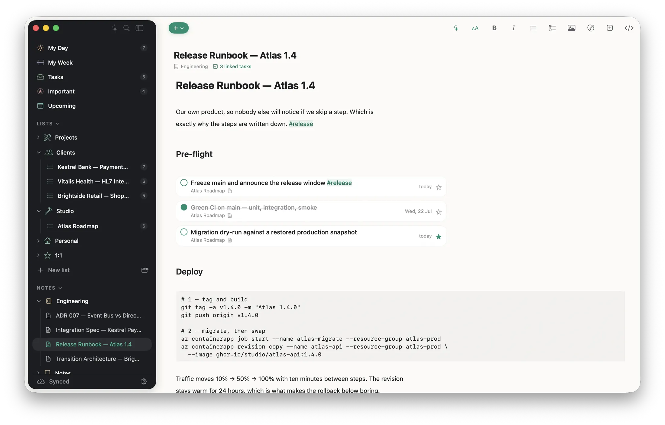 Ready Markdown editor showing a release runbook with headings, tasks and code