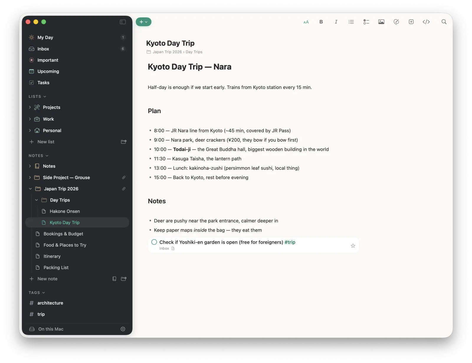 Ready WYSIWYG Markdown editor showing a trip note with headings, lists and an embedded task