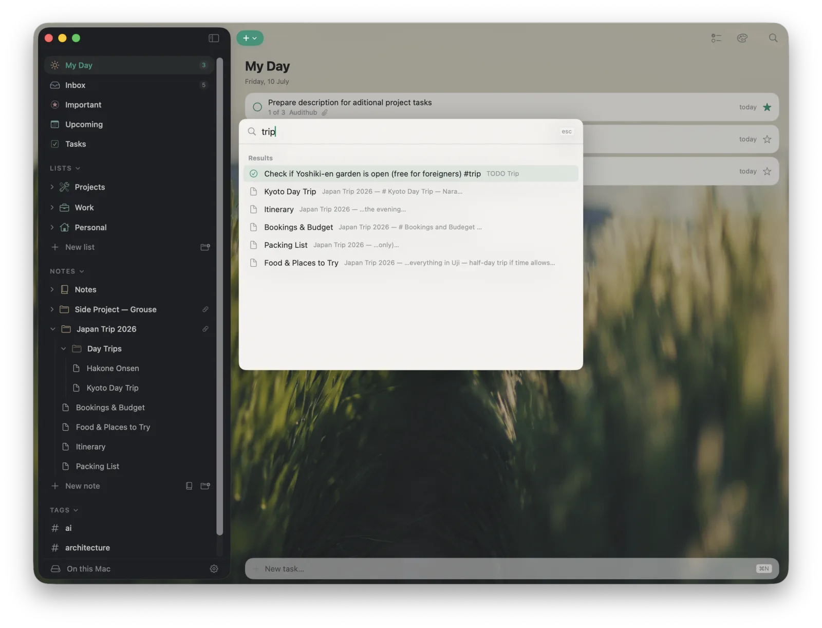Ready command palette searching across a task and several Markdown notes