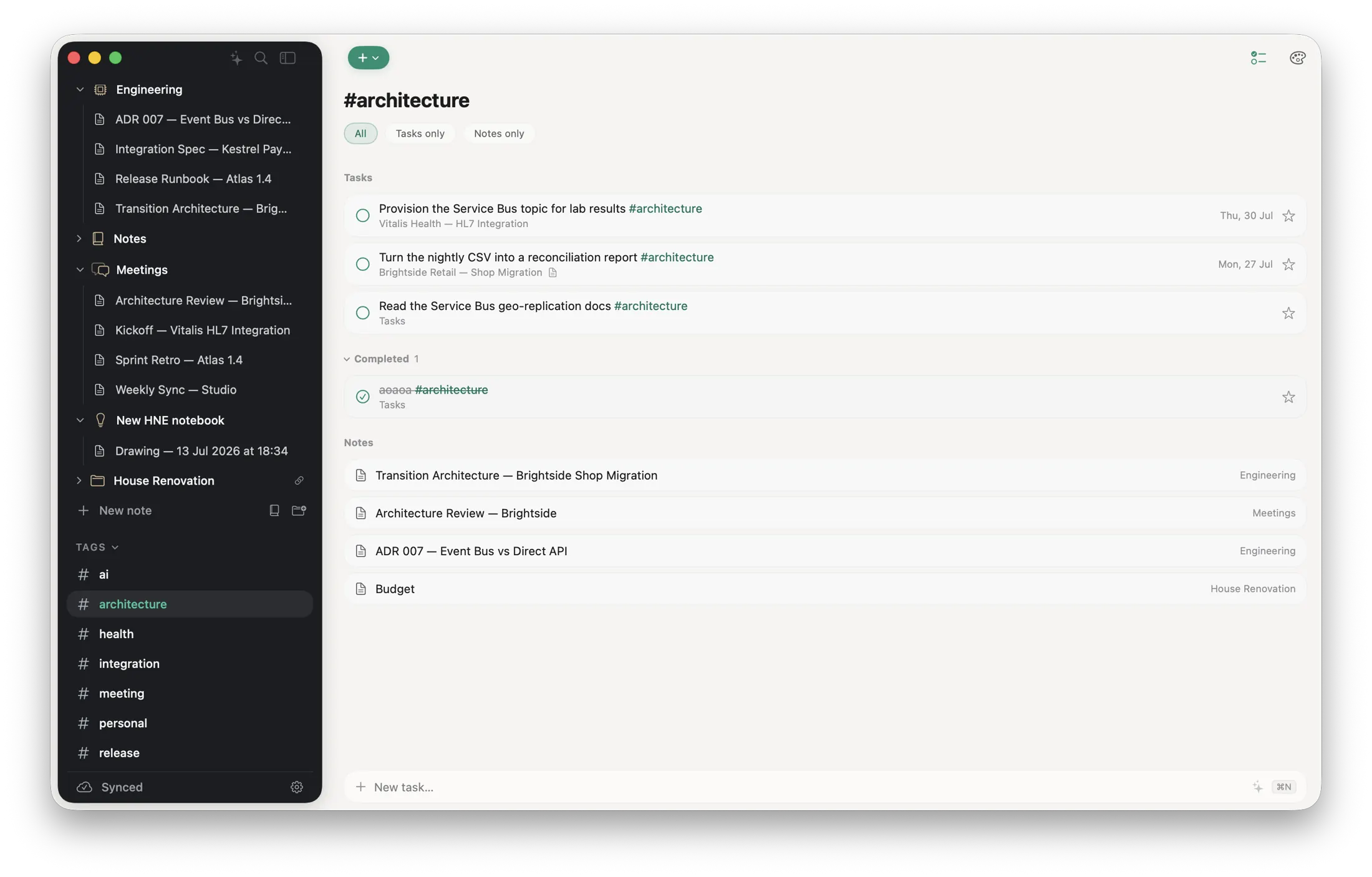 Ready architecture tag view showing matching tasks and notes together