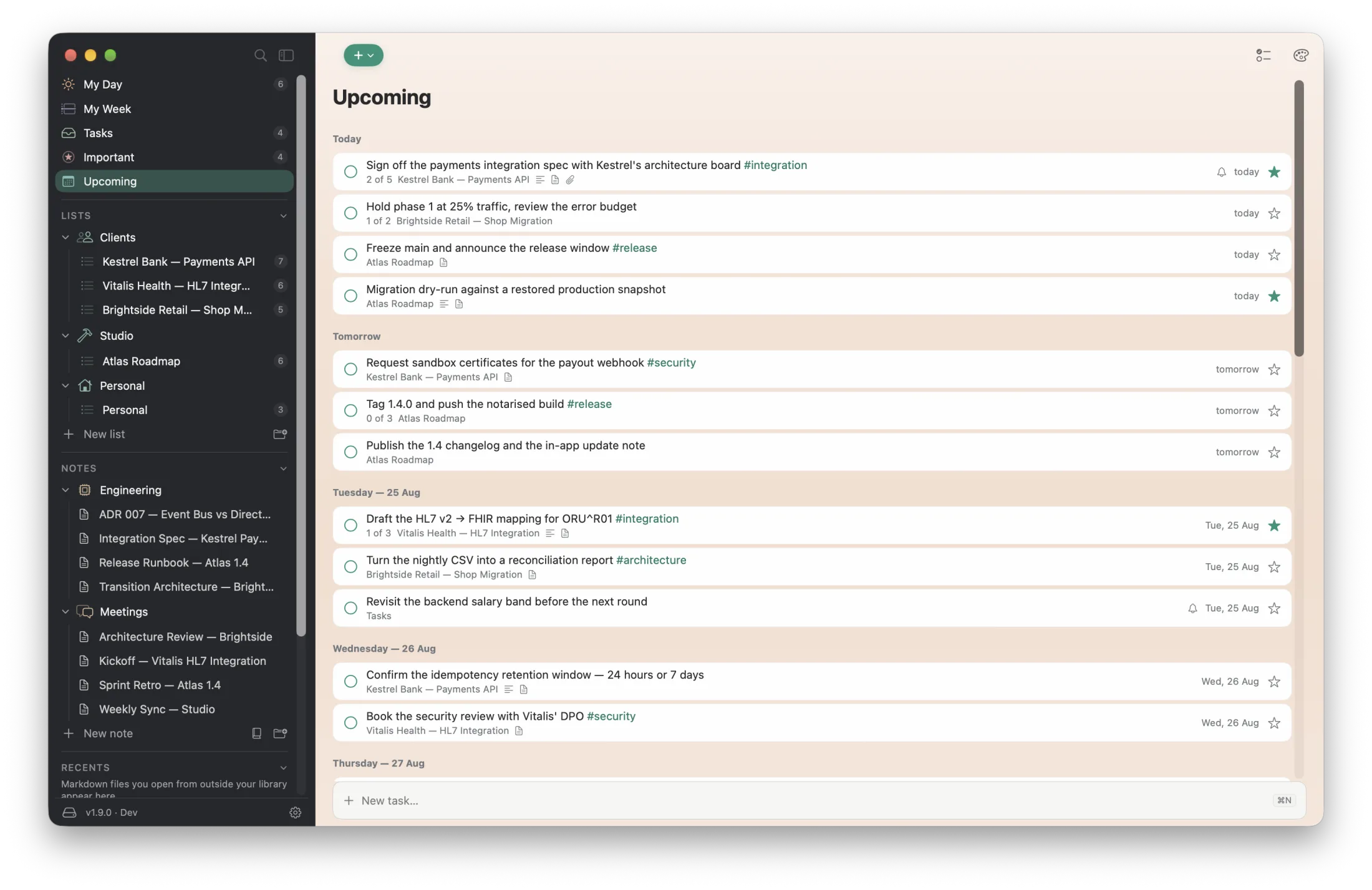 Ready Upcoming grouping tasks under Today, Tomorrow and the days after, each row carrying its list, steps and reminders